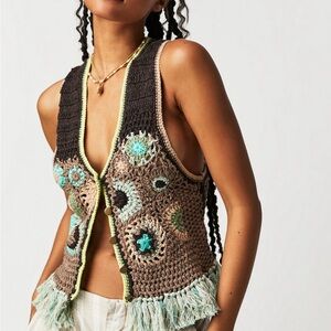 Free People Desert Rose Canyon Crochet Vest with Fringe